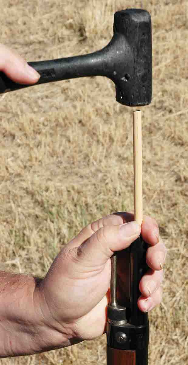 3) Use about a 6-inch piece of hardwood dowel to push the slug deeper into the barrel before pushing it all the way with  a suitably long hardwood dowel.